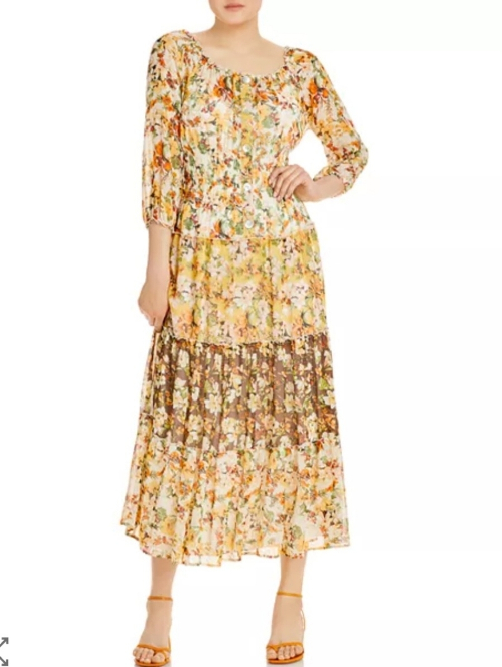 fig and flower Yellow Floral Tiered Midi Dress